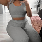 Cozy Solid Fuzzy Lounge Set - Soft Micro Elastic Polyester Tank Crop Top & Elastic Waistband Pants for Women - Machine Washable, Casual Fall/Winter Loungewear & Sleepwear for Adult