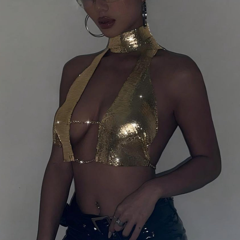 Women's Golden Sequin Halter Neck Tank Top with Suspenders - Sexy Party Clubwear, Form-Fitting Stretchy Glitter Top for Night Out & Festive Events, Festive Attire | Strapless Outfit | Metallic Finish