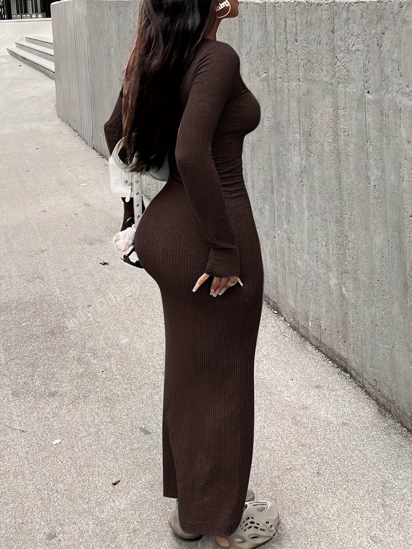 Elegant Bodycon Maxi Dress with Button Details - Slim Fit, Long Sleeve, V-Neck for Women, Perfect for All Seasons, Solid Color, Adult, Fabric, 2025 New Arrival, Slim Fit Dress