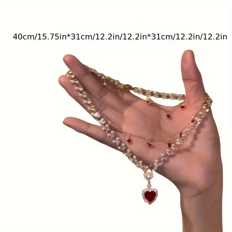 Elegant double red Zircon Love Pendant Necklace - Ladies Luxury alloy collar chain