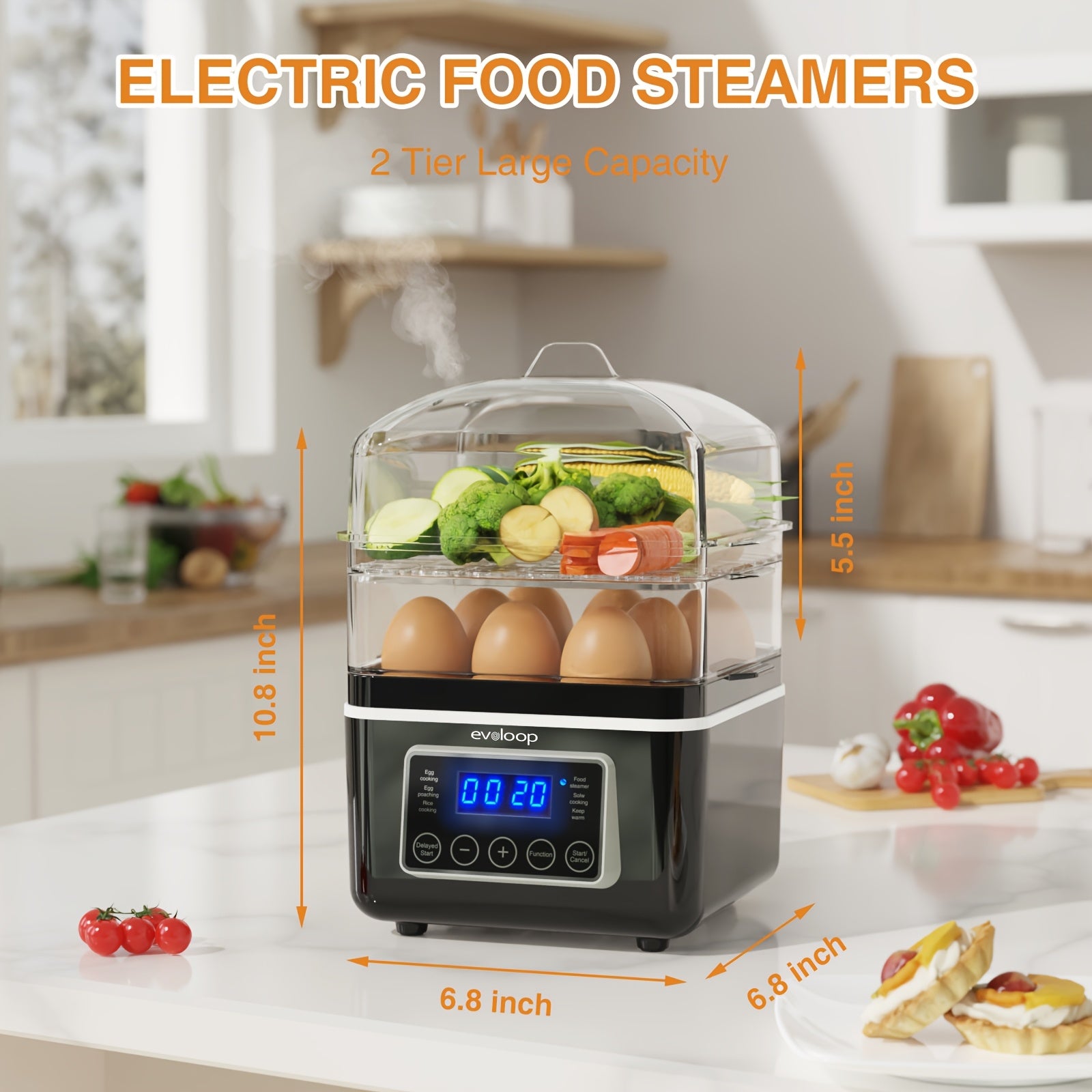 Evoloop Rapid Egg Cooker Egg Steamer With Auto Shut-Off, Ideal For Veggies, Seafood, 2 Tiers Electric Food Steamer For Cooking, Rice, 4 QT Digital Multi Vegetable Steamer With BPA-Free Stackable Baskets