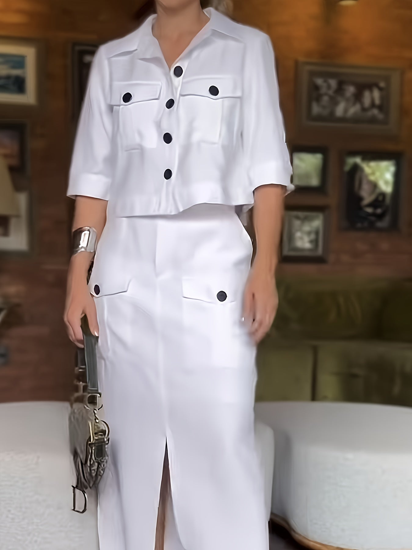 Elegant Light Blue Women'S Summer Casual Flap Collar Dress Set - Sleeveless Top with Pockets, High-Waisted Skirt with Slit, Stylish Black Heels, Perfect for Spring and Summer, Casual Attire|Modern Casualwear|Pocketed Skirt