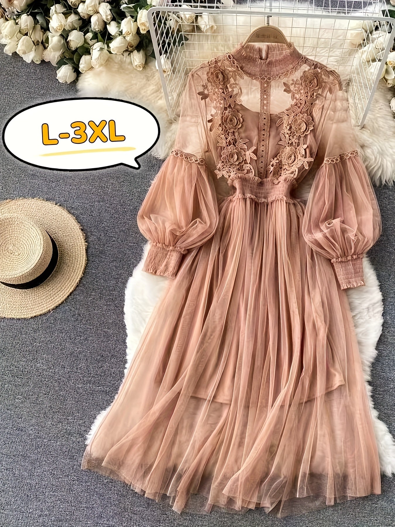 Plus Size Dresses Women'S Fashion Three-dimensional Flower Collage Sheer Mesh Balloon Sleeve Slim Long Dress Light Luxury Design Sense Women'S Chiffon Lace Shirt Suspender Base Shirt, Luxury Gift For Women