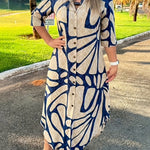 Allover Print Button Front Shirt Dress, Elegant Long Sleeve Loose Fit Dress For Spring & Fall, Women's Clothing