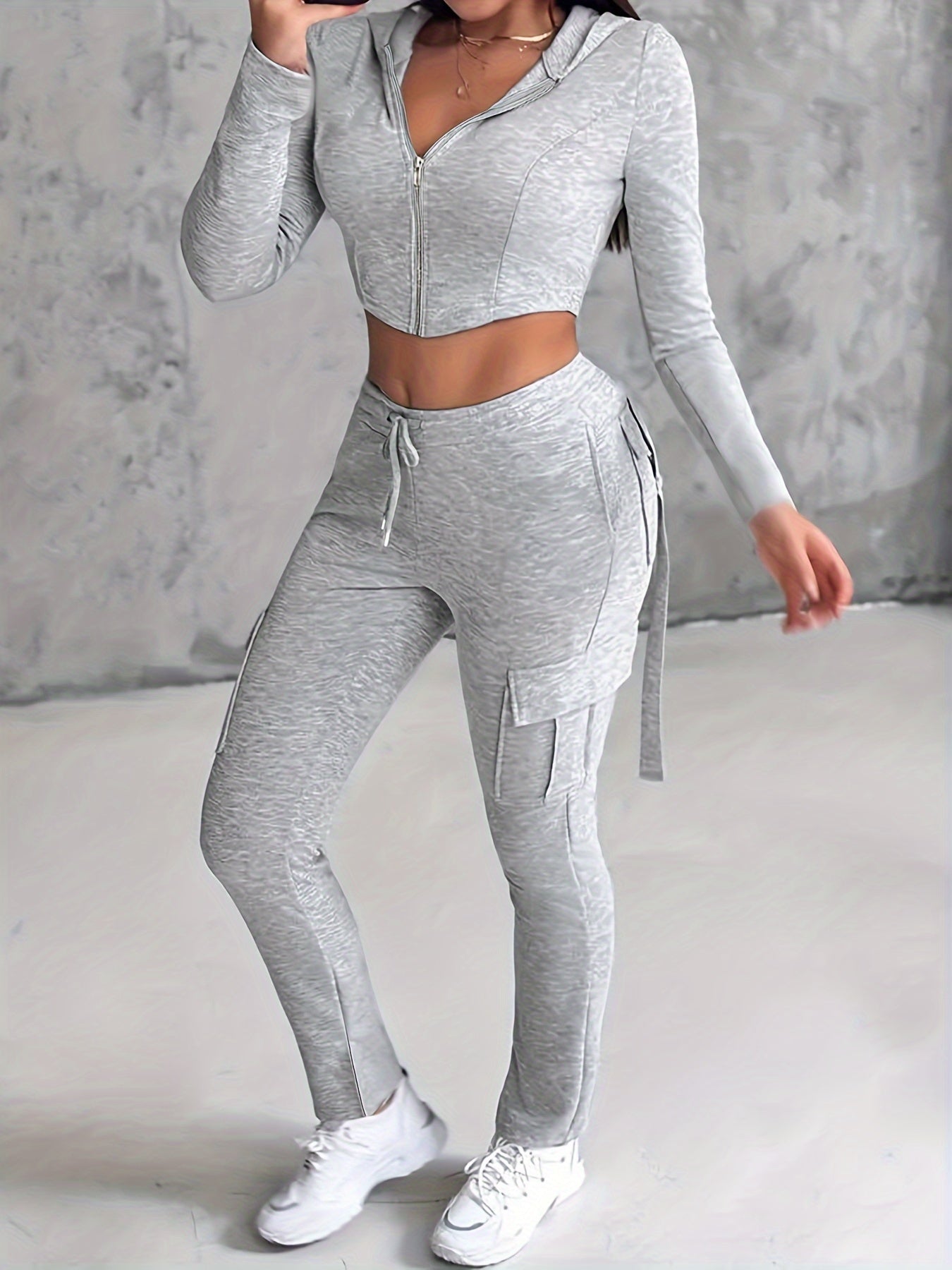 Women's Chic Hooded Zip-Up Cardigan & Pants Set - Stretchy Polyester Blend, Machine Washable, Casual Knit Outfit with Pockets, Solid Color, All-Season Comfort Fit