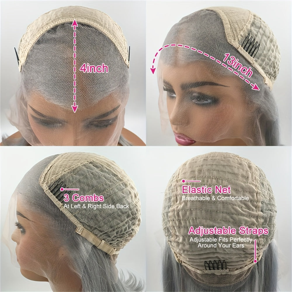 Grey Body Wave Lace Front Wigs Human Haire Pr Plucked Grey Human Hair 13x4 Front Wigs Glueless Silvery Lace Front Wigs for Women 200% Density for Daily Wear Party Women Pre Plucked with Baby Hair Bleached Knots Glueless Wig