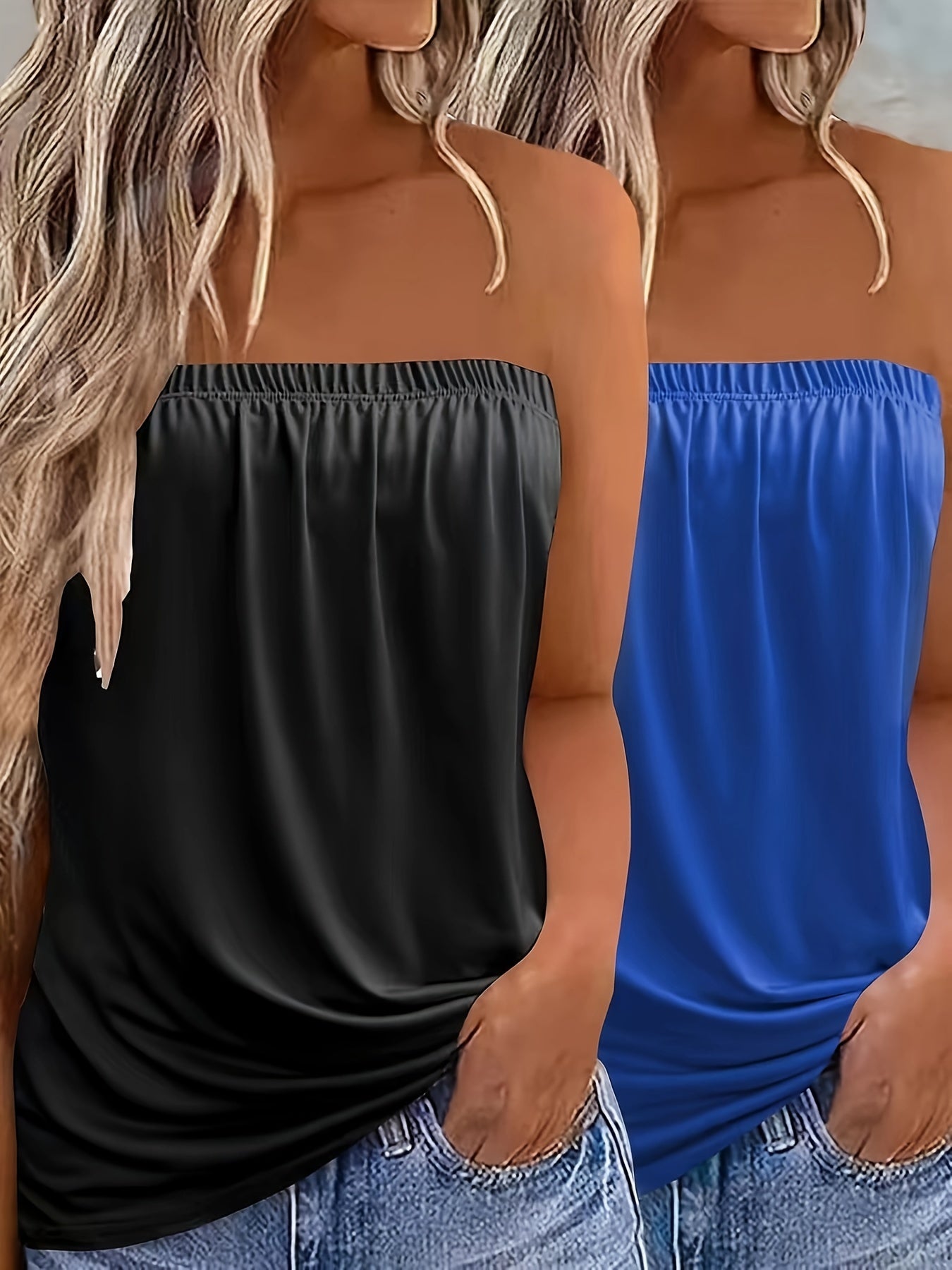 2-Pack Elegant Strapless Bandeau Top, Solid Color Jersey Knit Fabric, Stretchy Polyester 100% Sleeveless Backless Summer Tank Tops