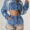 Faux Denim Jacket for Women Cropped Pearls Blue Jean Jackets Trendy Short Coat Clubwear