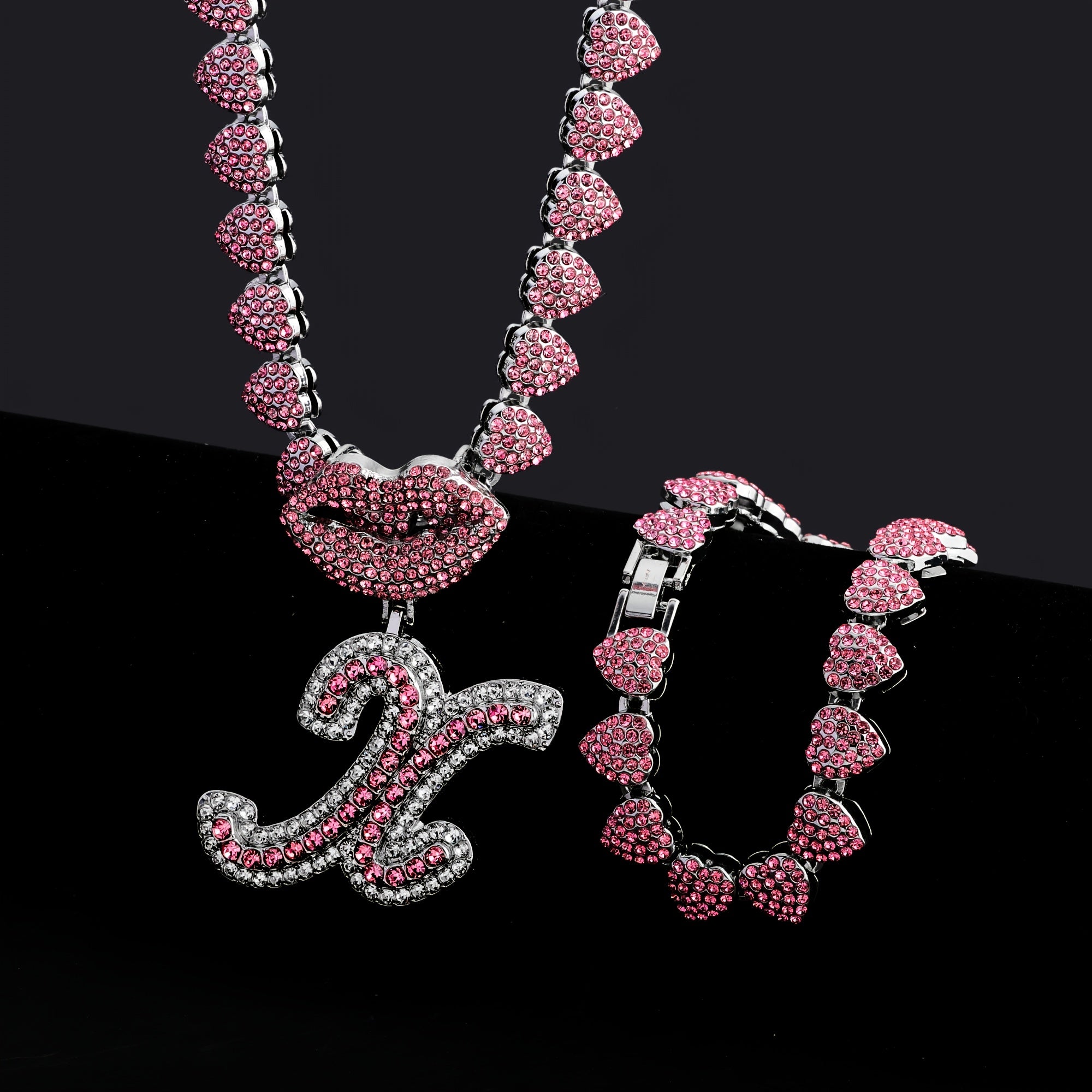 Hip Hop Y2K Style Pink Sexy Lips Pendant Necklace and Bracelet Set, A-Z Initials, Rhinestone Inlay, Zinc Alloy, Perfect for Daily Wear or Parties, Ideal Valentine's Day Gift for Men and Women, Hip Hop Jewelry