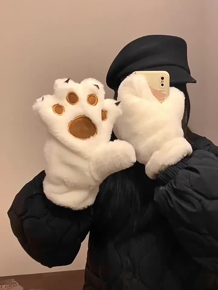 Cozy Cat Paw Plush Mittens - Ultra-Warm, Windproof Thick Fleece Gloves with Cute Animal Design for Cycling, Skiing & Outdoor Activities, White with Brown Accents
