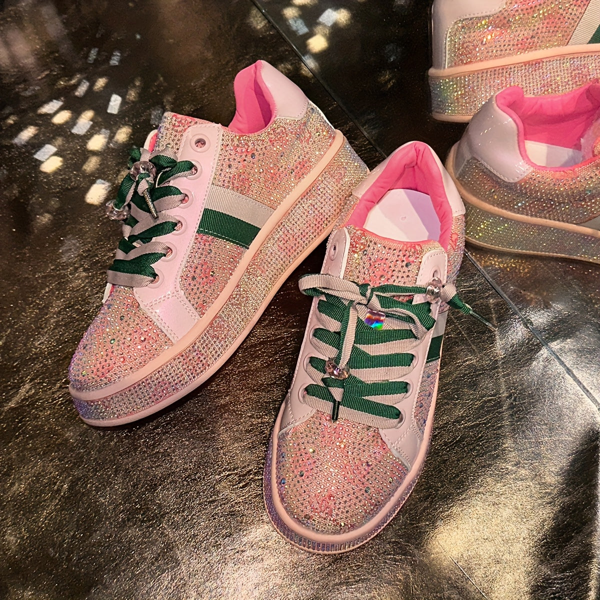 Women'S Fashion Sneakers - Sparkling Glitter Design, Comfortable Low Top Lace-Up Shoes with Red and Green Laces, All-Season Casual Streetwear, Casual Streetwear Sneakers | Glittery Sneakers | Synthetic Sneakers