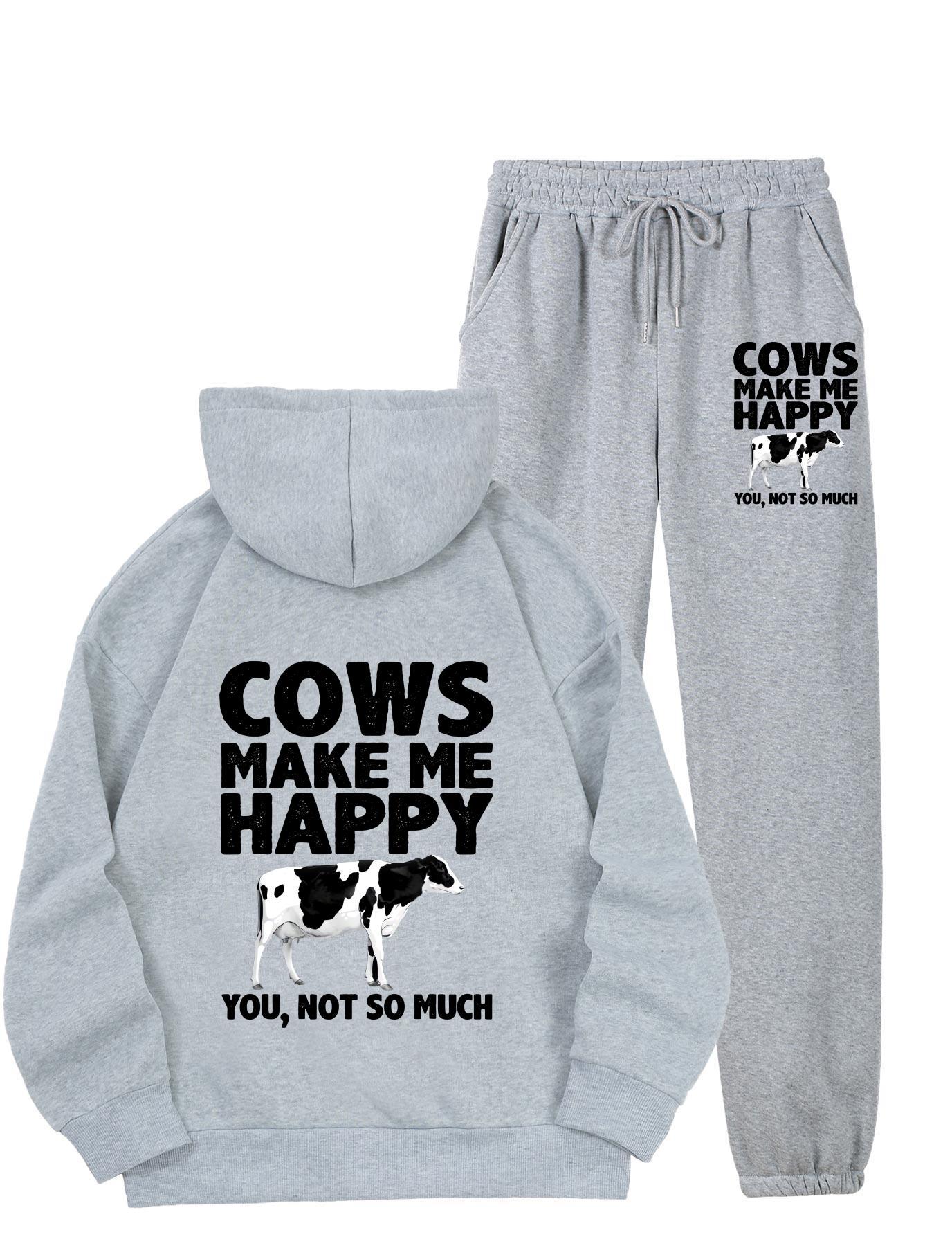 1set Women'S Casual Sportswear with Cow Print, Polyester 100% Long Sleeve Hoodie and Joggers Set, Crew Neck, All-Season Knit Fabric with Pockets