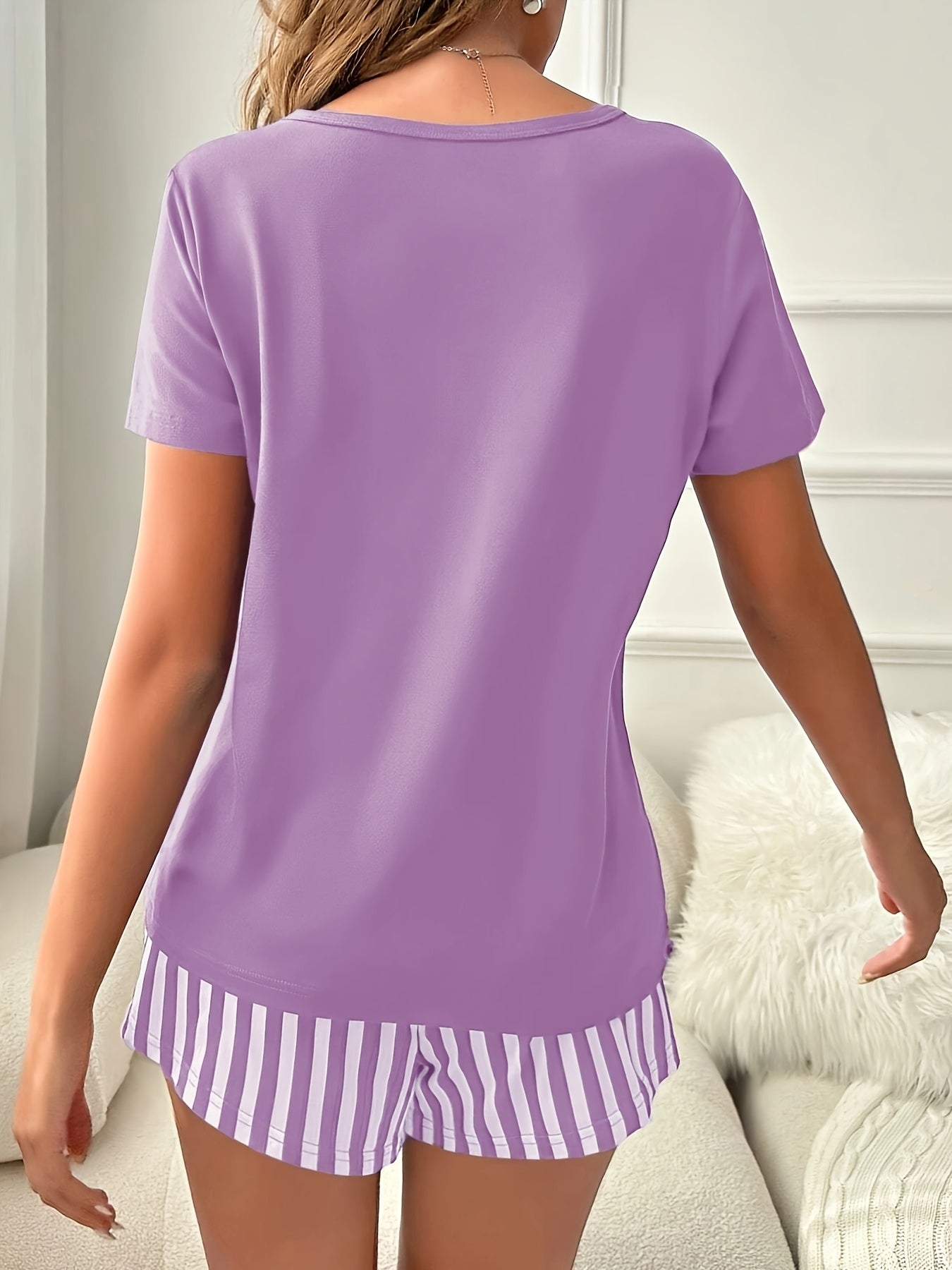 Women'S Casual Crew Neck Pajama Sets, Polyester 95.0% Elastane 5.0%, All-Season Comfort, Heart Pattern, Adult Sleepwear, Loungewear|Playful Print|Comfortable Fit, Pajamas for Travel