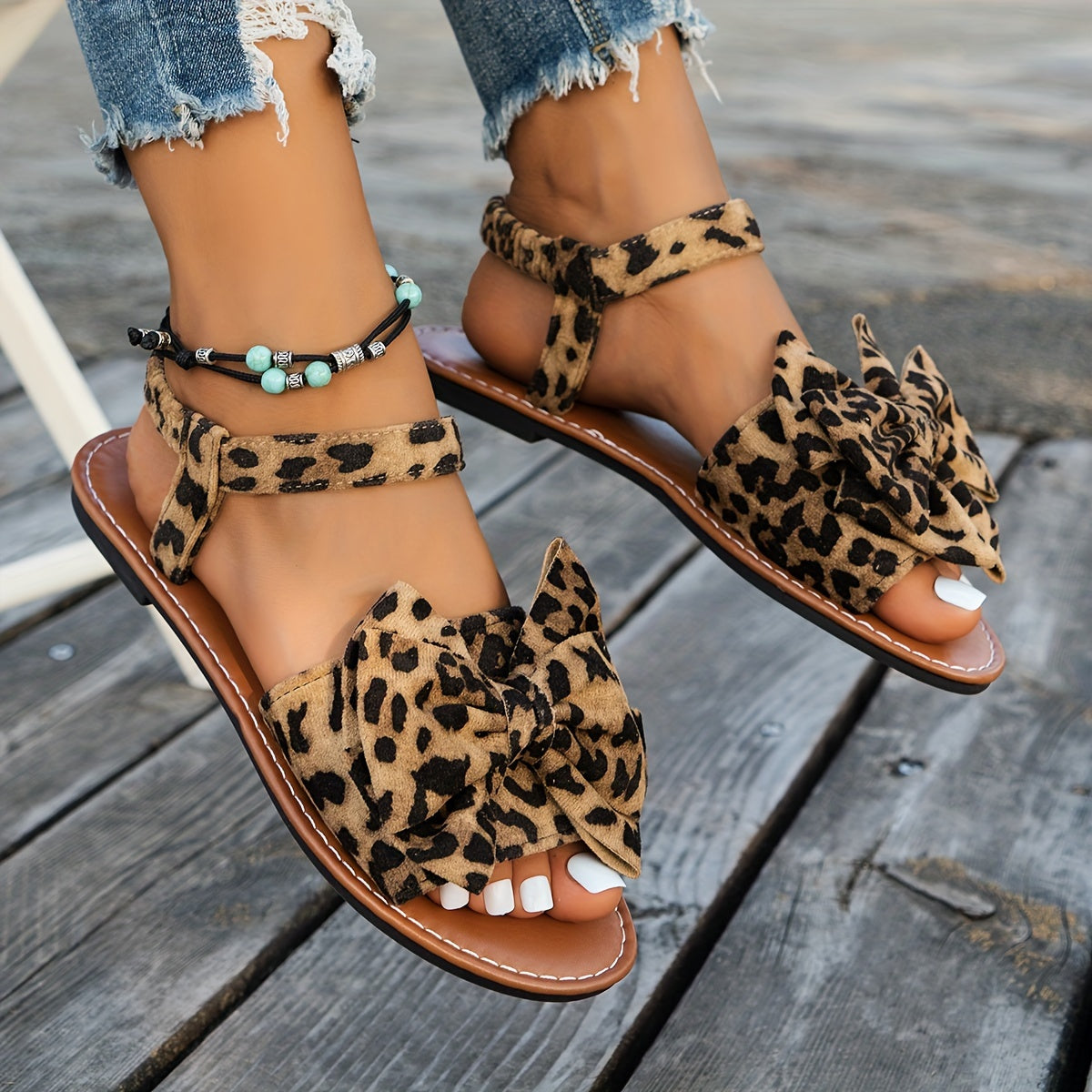 [Cute Bowknot Women's Flat Sandals] Women's Cute Bowknot Flat Sandals, Leopard Print Elegant Open Toe Sandals, Casual Outdoor Beach Sandals