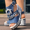 Newspaper Buckle Denim Wedge Slippers - Without Anklet
