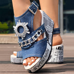 Newspaper Buckle Denim Wedge Slippers - Without Anklet