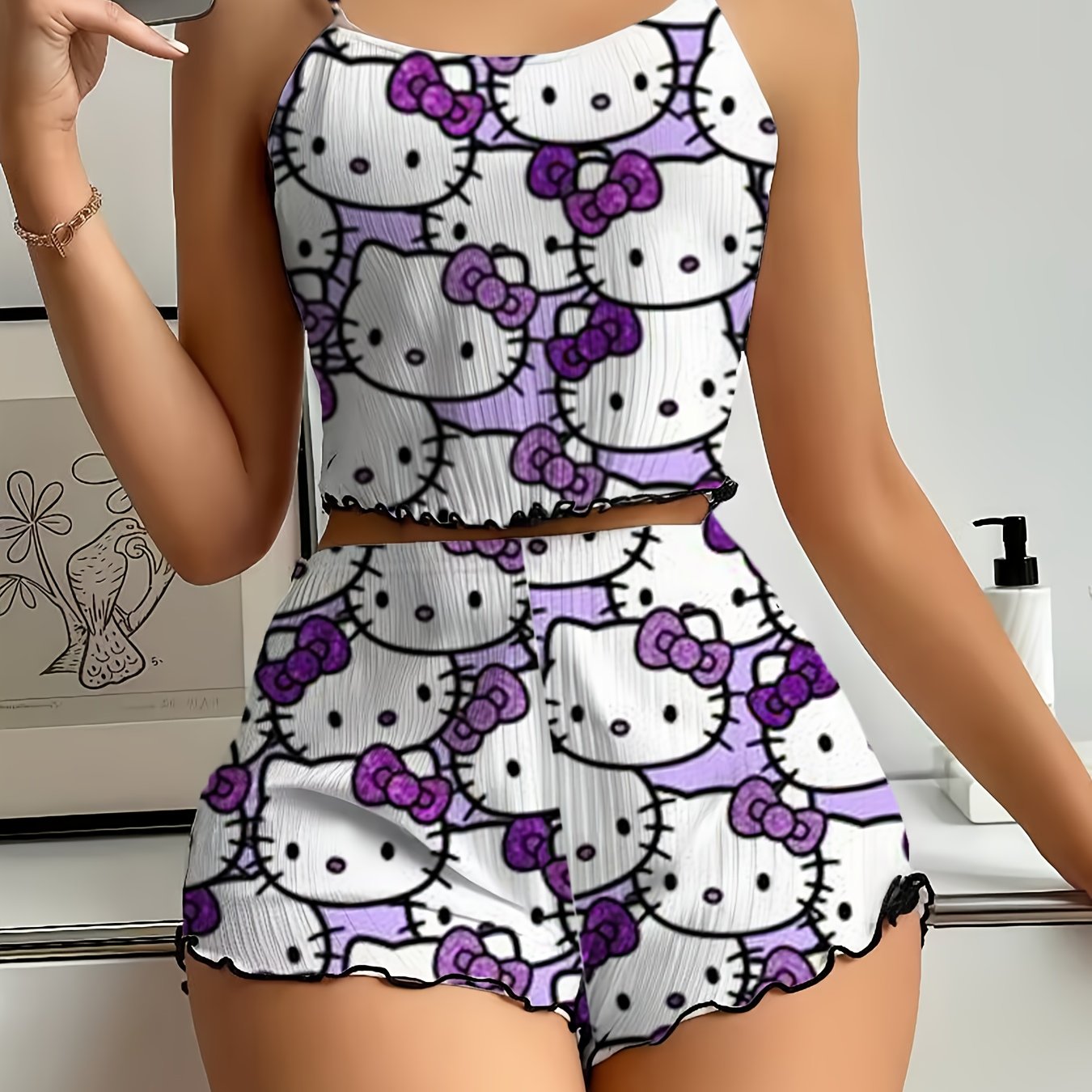 Sanrio for hello kitty Women'S Shorts Set - Elegant Off-Shoulder, Cartoon Print, Polyester Knit Pajamas with Ruffle Detail, All-Season Comfort, Adult Sleepwear, Shorts Set|Playful Print|Polyester Fabric