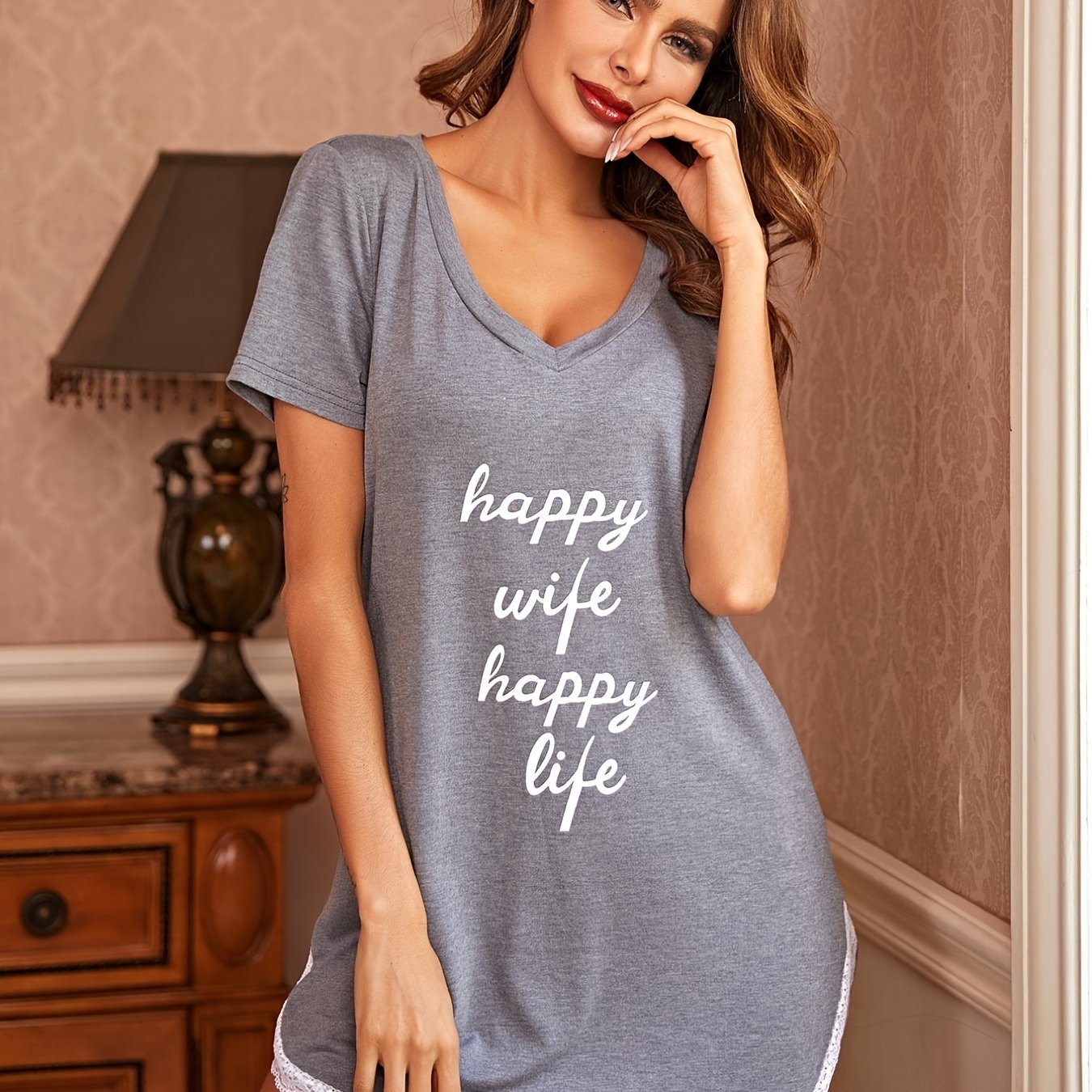 Sexy V-Neck "Happy Wife Happy Life" Print Nightgown with Lace Trim - Comfortable Sleepwear for Adults, All-Season Use, Bedroom Apparel | Playful Print Nightgown | Lace Trim Detail, Women'S Nightwear