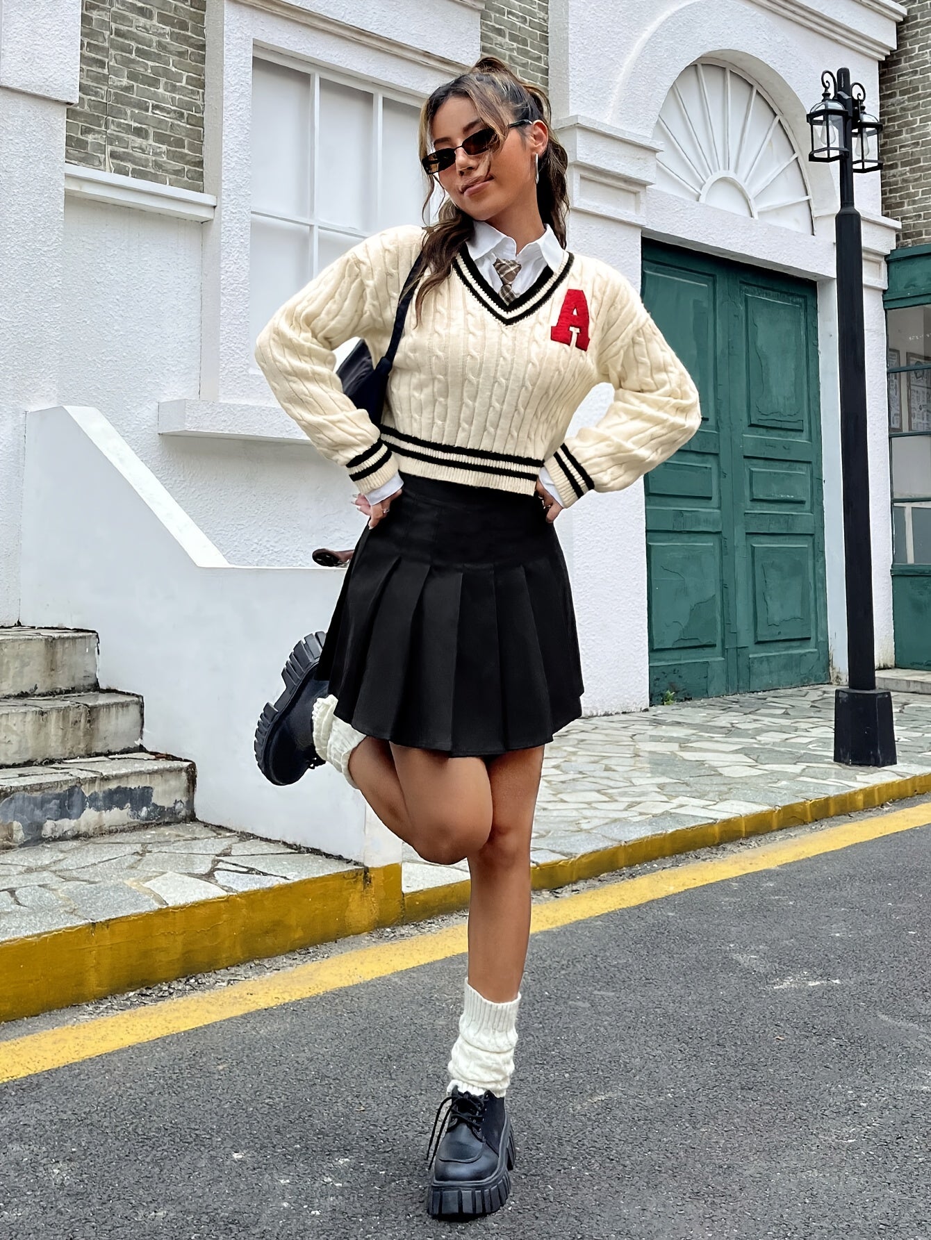 Cozy Long-Sleeve V-Neck Knit Sweater with Letter "A" - Cute Preppy Style, 100% Polyester, Machine Washable - Ideal for Fall/Winter Casual Wear