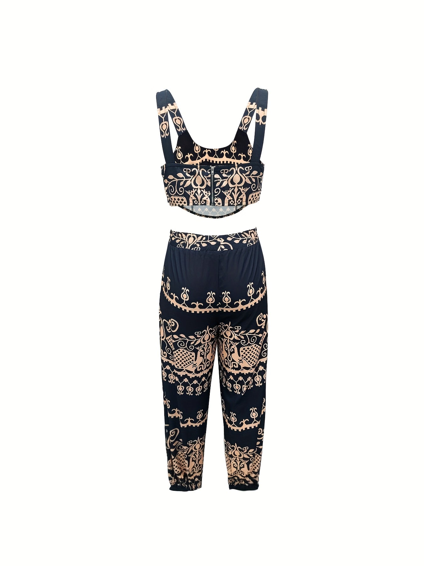 Elegant Women'S Paisley Print Crop Top and Jogger Pants Set, Polyester Spandex Blend, Woven, with Spaghetti Strap, for All-Season