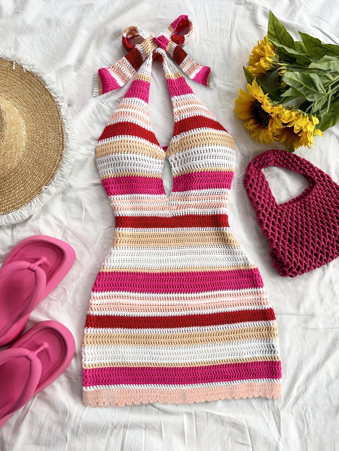 Women's Elegant Halter Neck Back-Tie Knit Dress - Multi-Color Striped Semi-Sheer Wrap Dress with Adjustable Straps & Lace Trim, Beach Vacation Resort Wear, Beach Dress