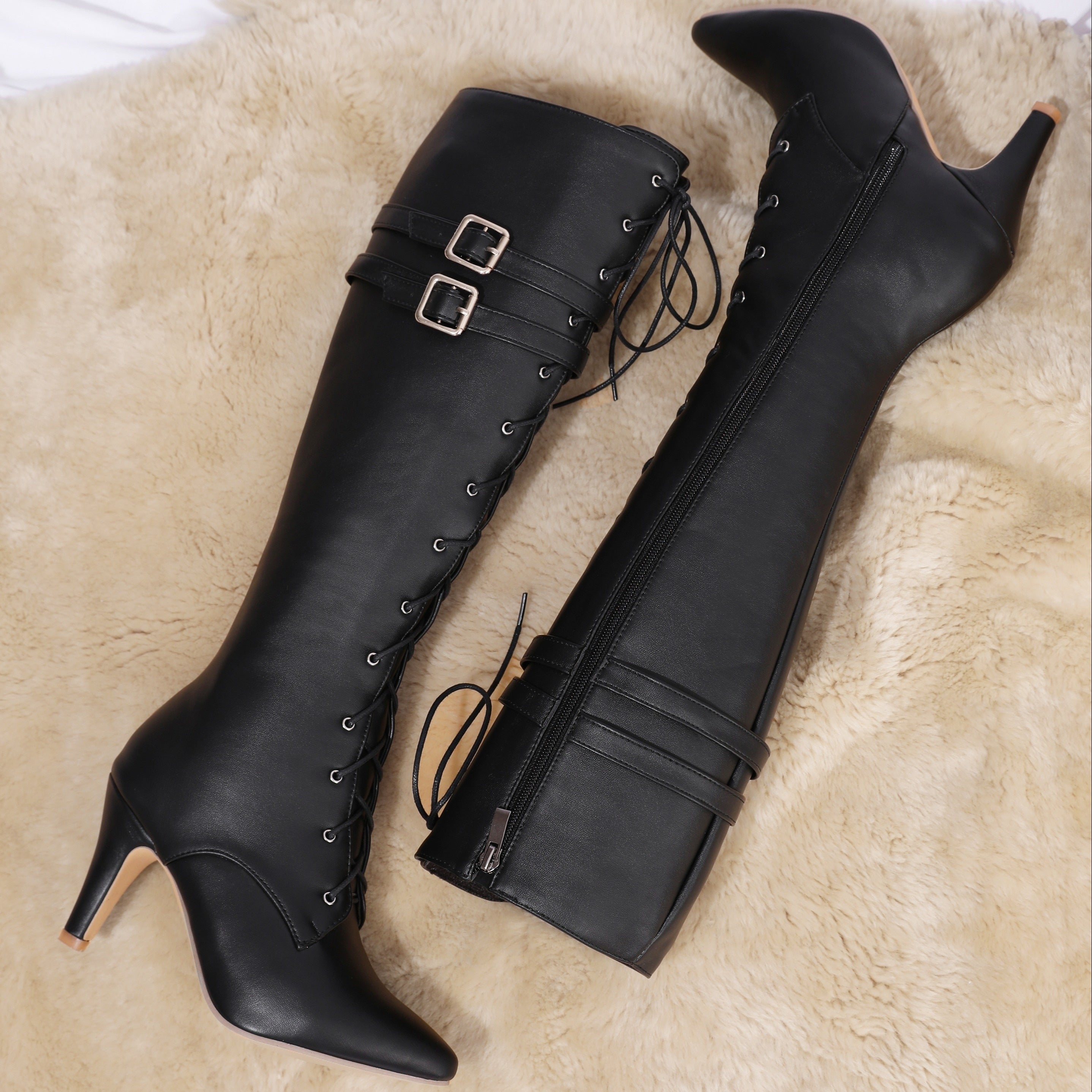 1pr Women'S Knee-High Boots - Solid Color, Pointed Toe, Flare Heel, Zipper, Man-Made Upper, Fabric Inner & Insole, Rubber Sole - Fashion High Heel Booties