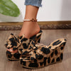 Women's Leopard Print Bow Slip-On High Heel Sandals - Stylish Summer Open-Toe Fabric Shoes with PU Sole for Casual or Formal Occasions, Casual Sandals | Opentoe Sandals | Fabric Upper Sandals