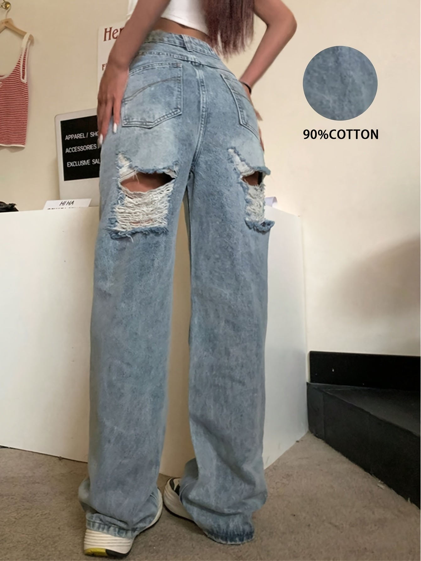 Women's High-Rise Straight Leg Ripped Jeans - Distressed Denim in Light Wash, Casual Street Style for Parties, Travel & Casual Attire