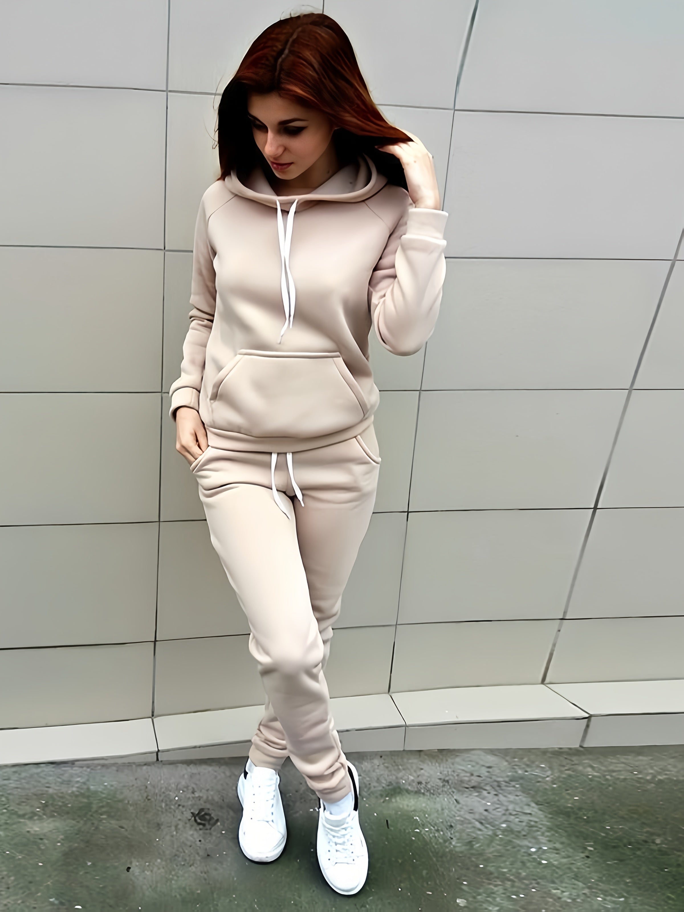 Ladies Fashion Casual 2pcs Red Hoodie, Slim-fit Hoodie, Long Sleeves, With Front Pocket And Adjustable Drawstring Pants, Solid Color Casual Spring/Fall Dress, Los Angeles Style, Gift For Girlfriend