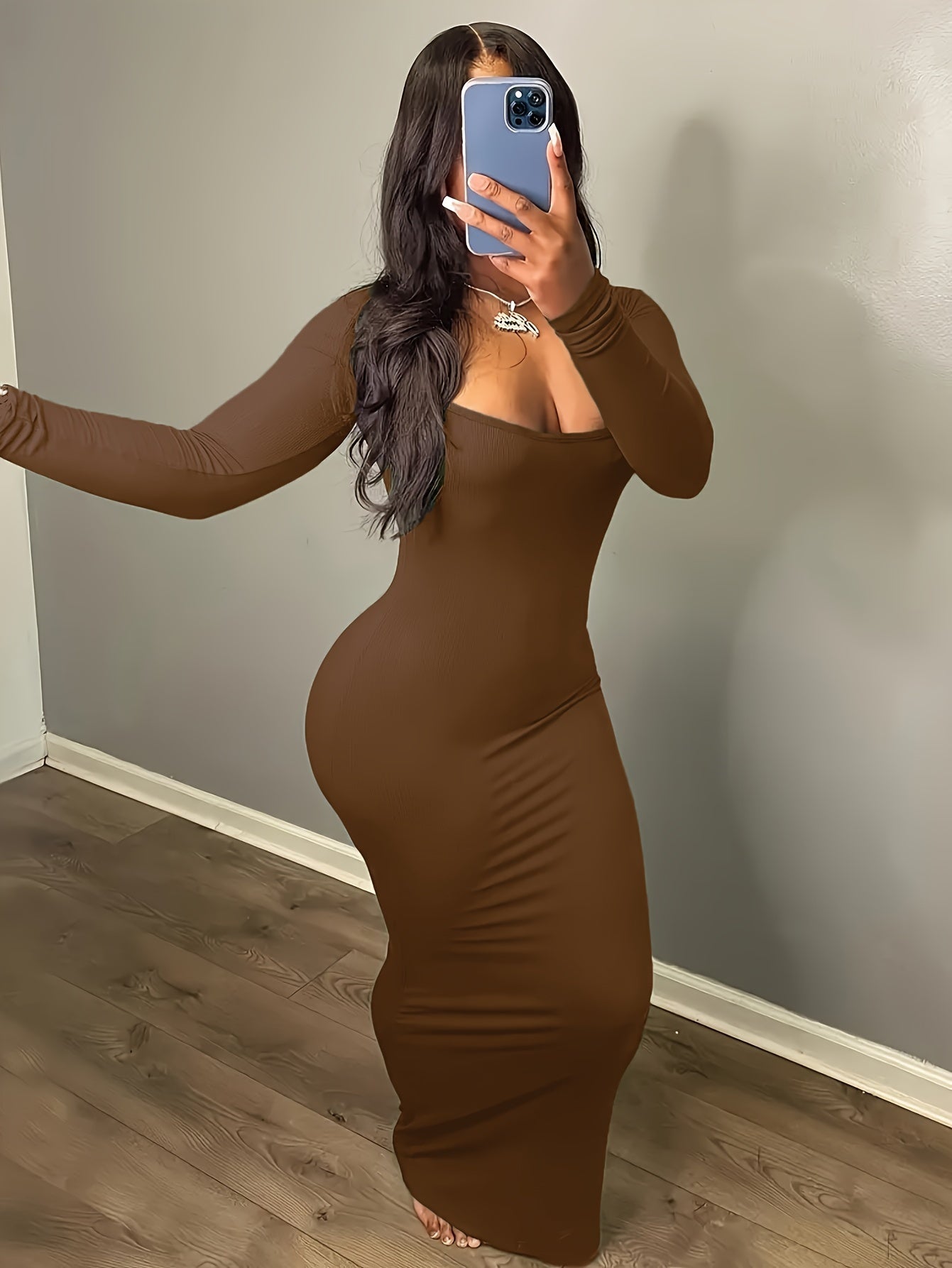 Women's Long Sleeve Bodycon Midi Dress - Elegant Brown, Stretchy Polyester/Spandex Blend, Machine Washable, Perfect for Spring/Summer/Fall Events, |Elegant Long Sleeve|Knit Construction