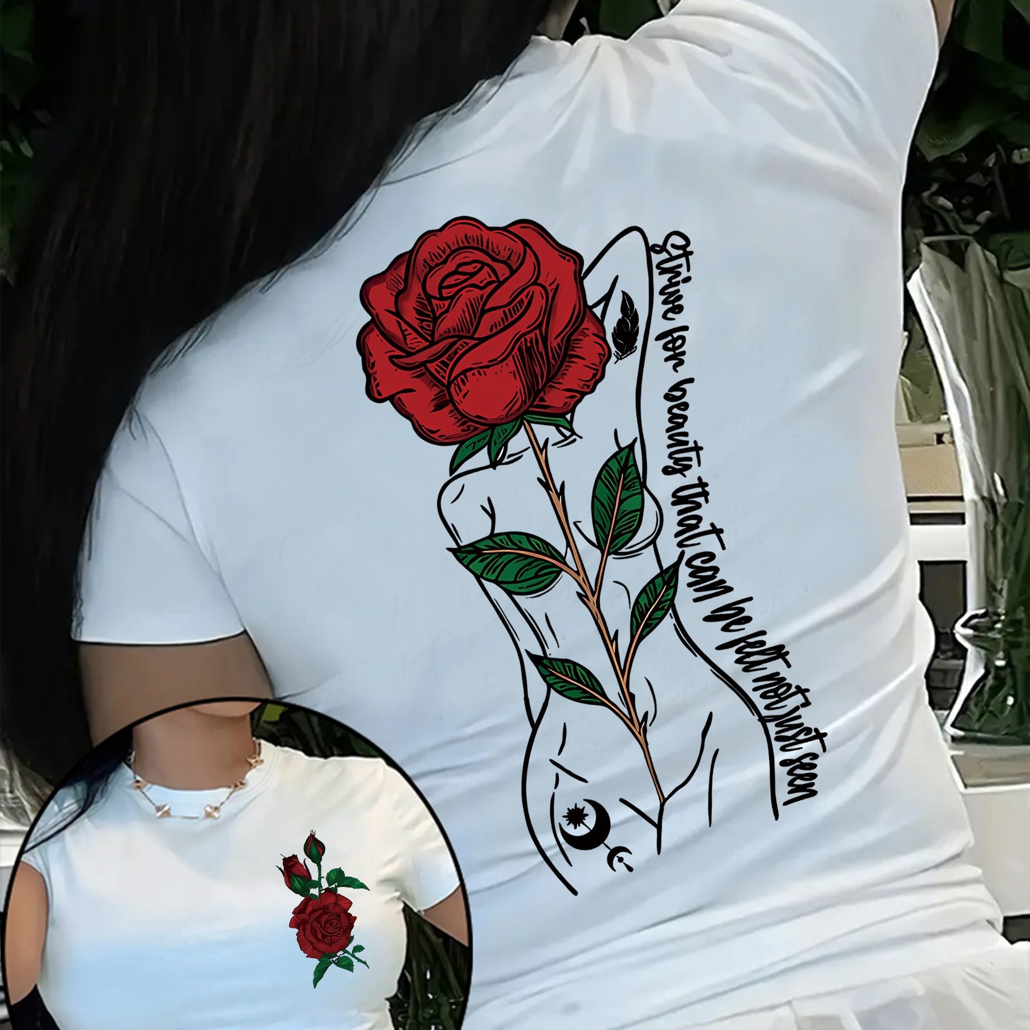 Vibrant Rose Print Short Sleeve Crew Neck T-Shirt - Soft, Breathable, Relaxed Fit, Casual Summer & Spring Top for Women - Perfect for Outdoor Activities, Daily Wear, and Gift Idea
