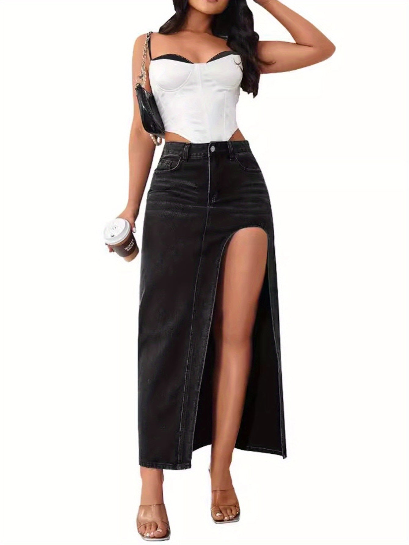2025 Spring and Summer New Washed Solid Color High Split Half-body Denim Skirt