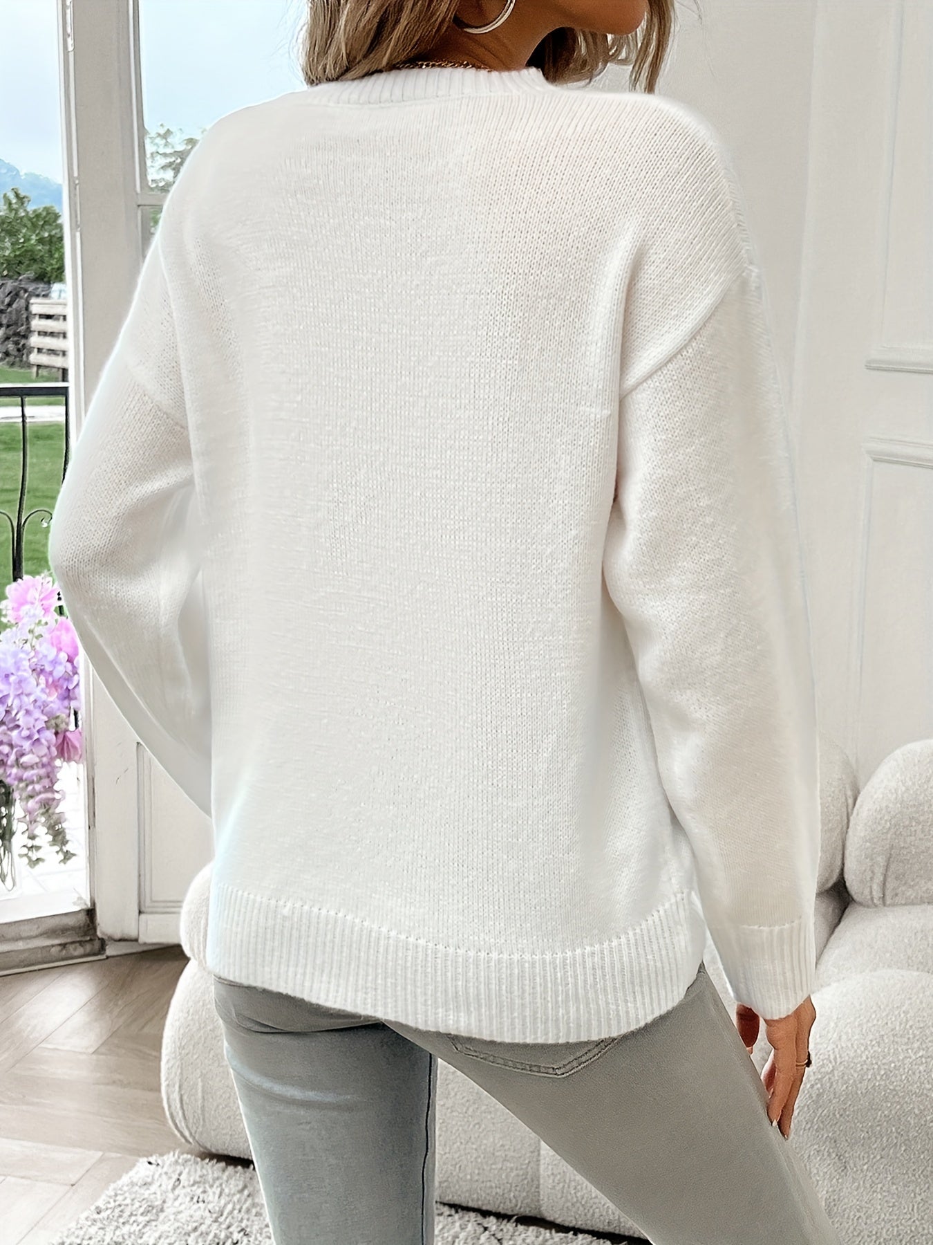 American Flag Pattern Crew Neck Long Sleeve Sweater - Soft Medium Stretch Acrylic Knit Fabric, Elegant Casual Style, Regular Fit, Hand Wash or Dry Clean, Perfect for Fall and Winter - Womens Clothing