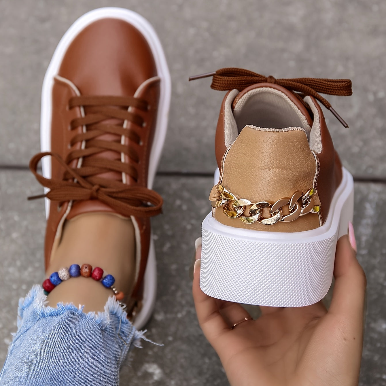 Women's Colorblock Casual Sneakers, Lace Up Comfy Chain Decor Flat Shoes, Versatile Low-top Skate Shoes