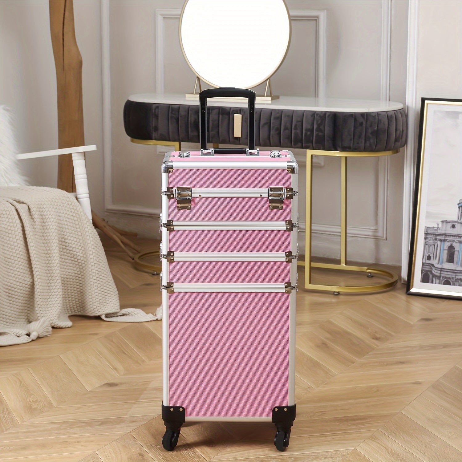 4in 1 Aluminum Cosmetic Professional Makeup Case Tattoo Box, Extra Large Cosmetic Case Rolling Makeup Case Trolley Makeup Travel Organizer with 360° Swivel Wheels Pink Black