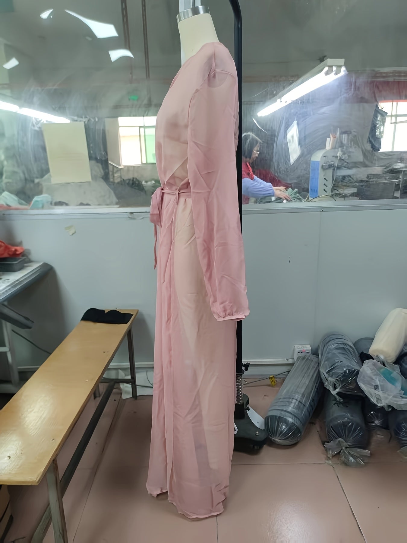 Women'S Elegant Pink Long Cover-Up Dress with V-Neck and Belted Waist - Perfect for Beach and Holiday Attire, Beach Coverup|Vneck Coverup|Nonstretch Fabric