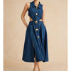 Women's Sleeveless Denim Dress with Waist Cut-Out & Slit Hem - Mid-Length Casual Summer Dress Featuring Metal Buttons, Square Neckline & Machine Washable Design, Jeans Dress, Everyday Fashion, Structured Fabric, Elegant Decor