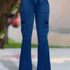 Women's High-Waist Stretch Denim Flare Jeans - Comfort Fit, Classic Slash Pockets, Dark Blue Washed, All-Season Wear
