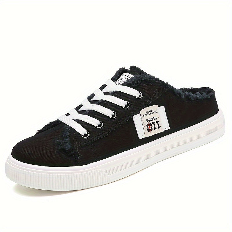 Round Toe Breathable Women's Solid Canvas Shoes Slippers Lace Up Slip On, All-match Footwear