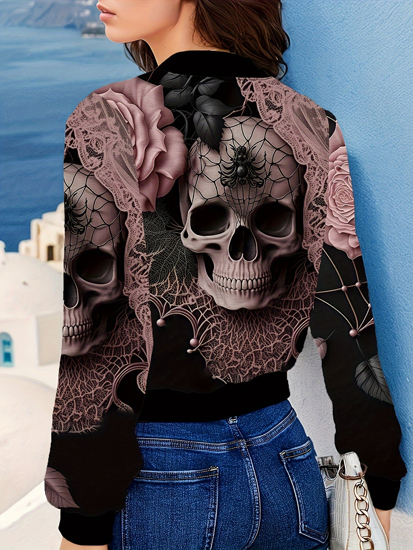Vibrant Floral & Skull Print Zip-Up Jacket - Long Sleeve, Casual, Spring & Fall Essential, Women's Fashion Clothing with Adjustable Waist and Comfortable Fit