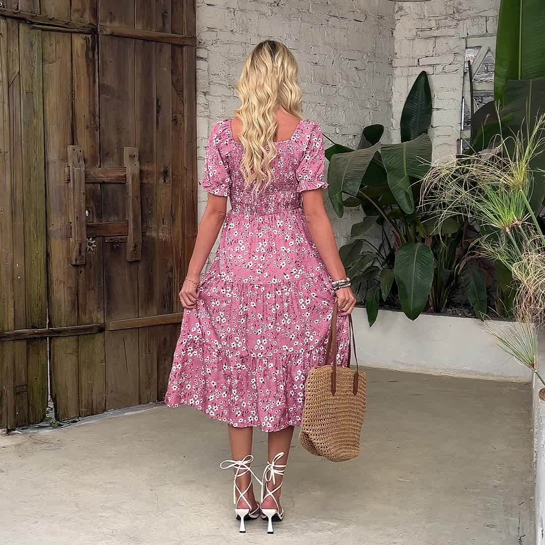 Women'S Elegant Floral Print Midi Dress with Ruffle Sleeves and Square Neck - Loose Fit, Sleeveless, Polyester Lined, Perfect for Spring/Summer, Casual Attire|Floral Print Dress|Polyester Lined Dress