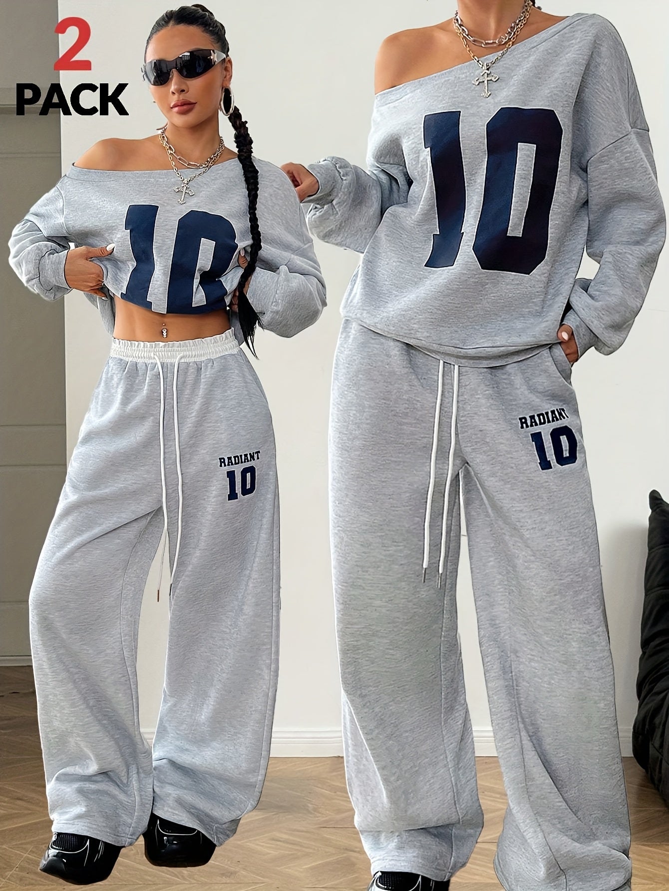 Digital Print Warm Asymmetric Collar Long Sleeve Sweatshirt and White Elastic Waist Wide Leg Jogging Pants