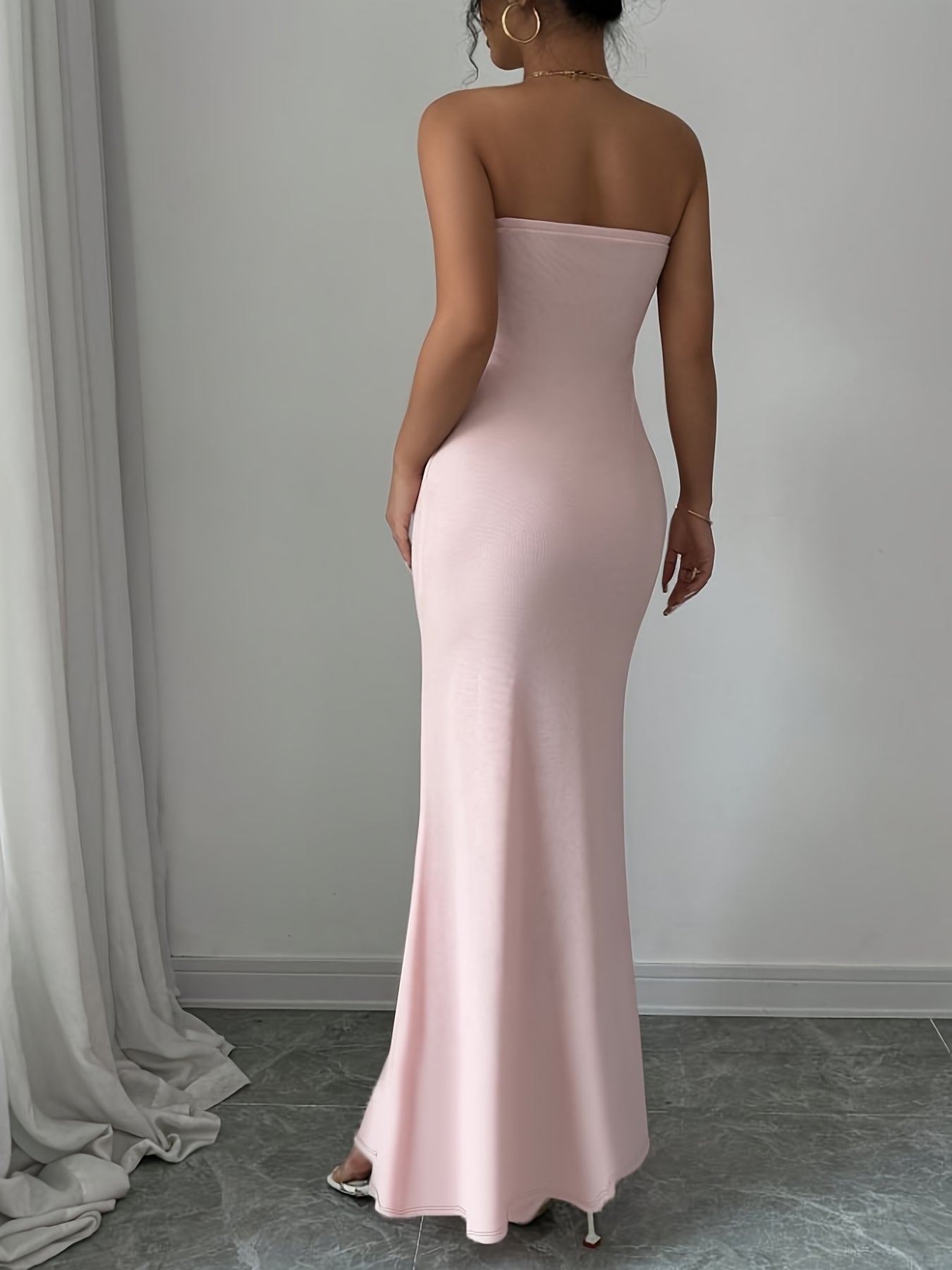 Elegant Pink Strapless Mermaid Maxi Dress - Sheer Fishtail Design, Off-Shoulder Style, Form-Fitting Polyester Fabric, Perfect for Spring/Summer Events, Spring Fashion|Offshoulder Gown|Smooth Lustrous Finish