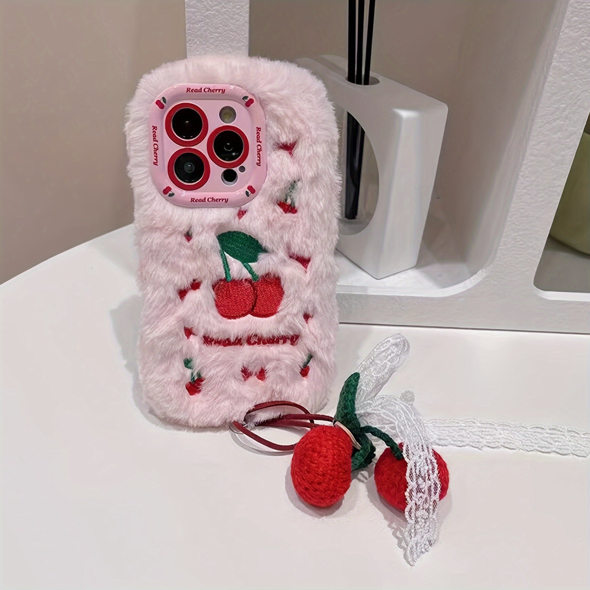 Autumn And Winter Cherry Plush Phone Case with Cherry Pendant for Iphone 16 Pro Max