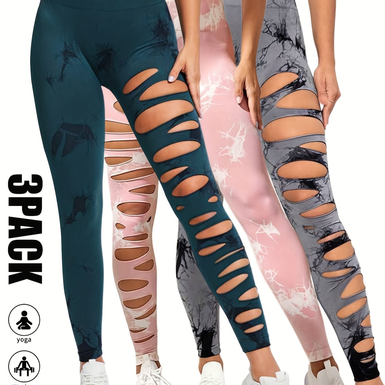 [3 Pack High Waist Yoga Leggings] 3 Pack Women's Tie Dye Cutout Tights High Waist Workout Yoga Leggings, Scrunch Butt Lifting Elastic Pants, Womens High Waist Yoga Pants Cutout Ripped Tummy Control Workout Running Yoga Skinny