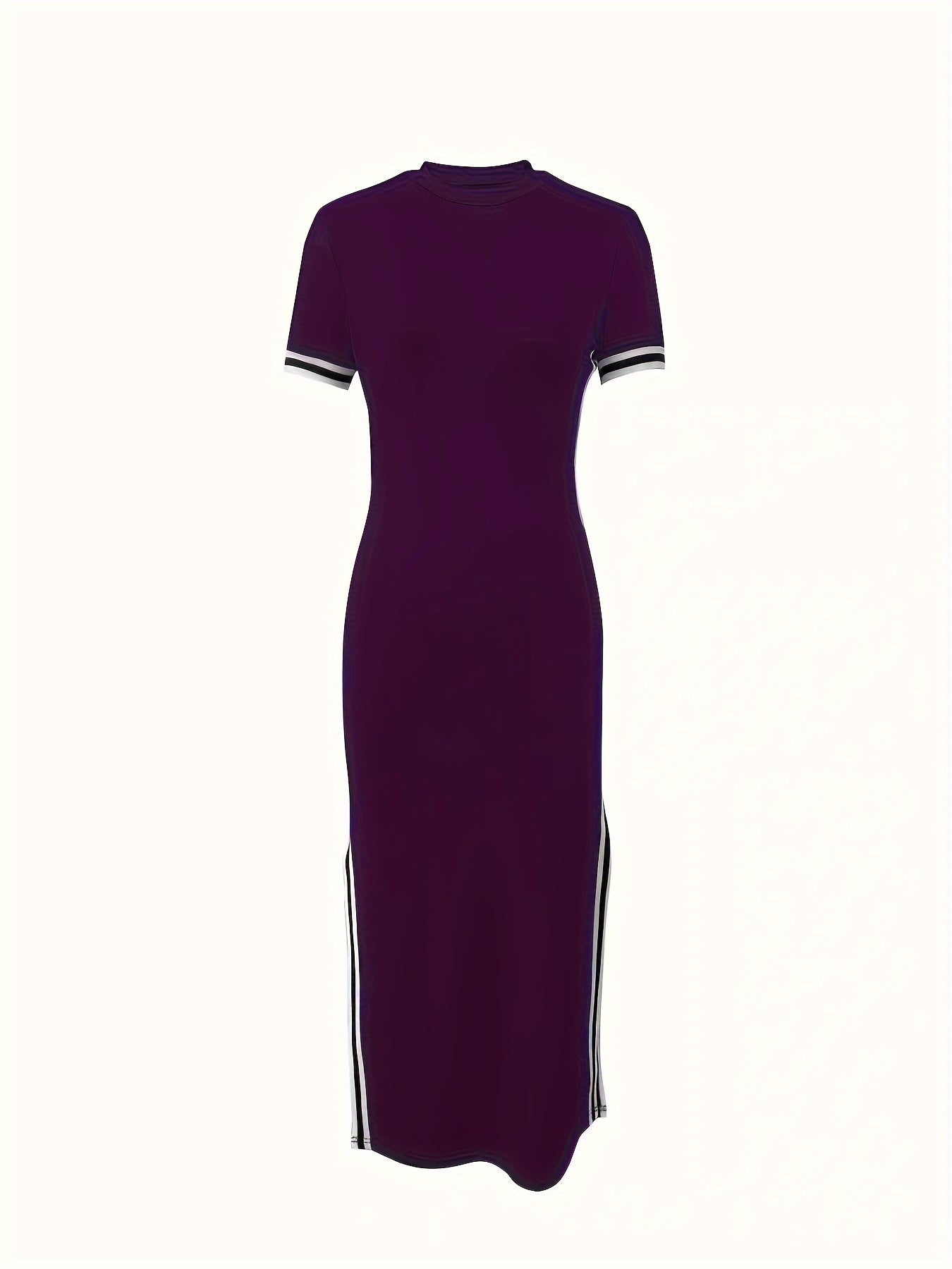 Contrast Trim Split Hem Bodycon Dress, Short Sleeve Crew Neck Casual Dress, Women's Clothing For Party Dressing