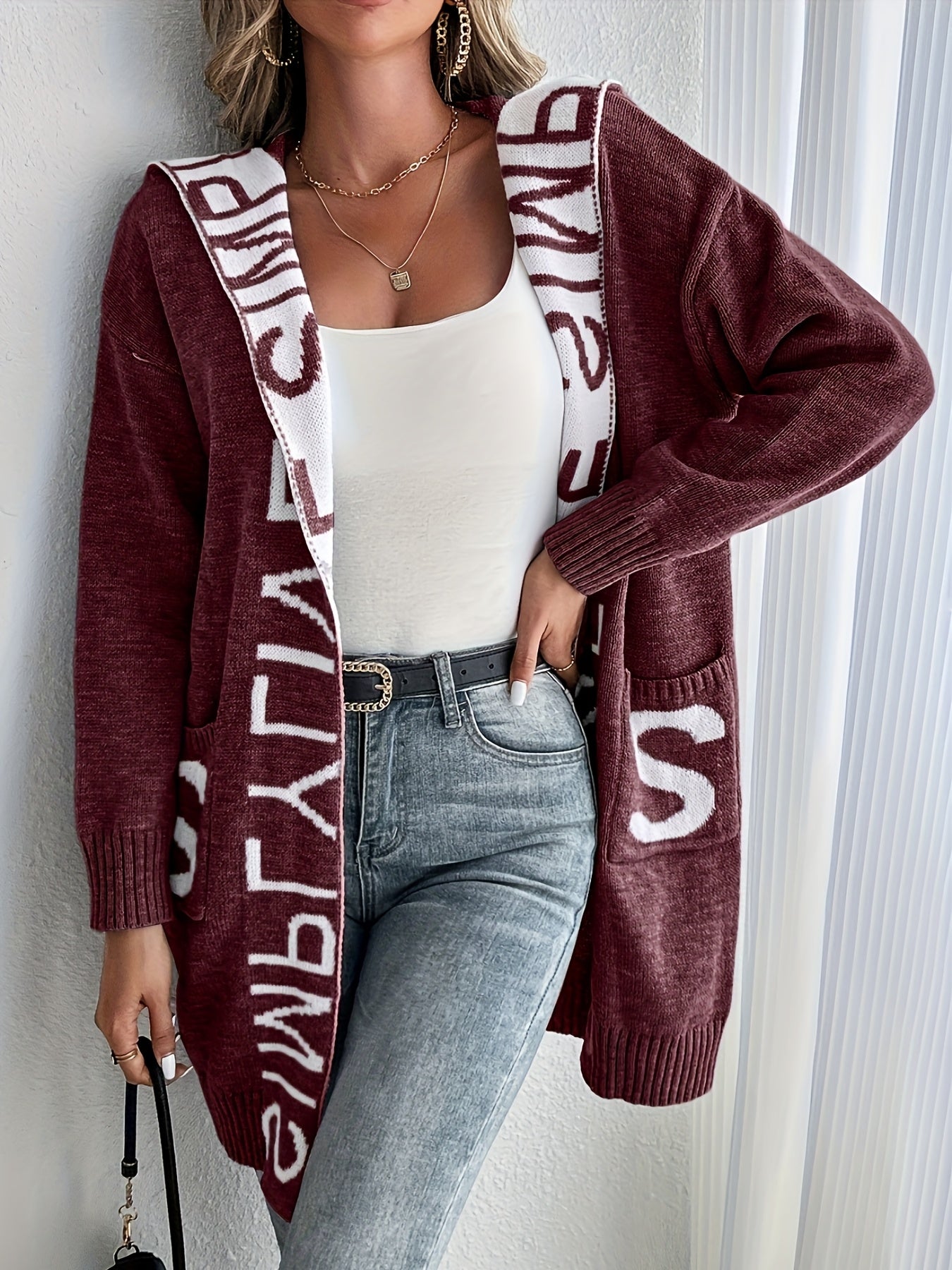 Women's Letter Print Open Front Knit Cardigan - Casual Hoodie Long Sleeve - Cozy Fleece Material - For Fall & Winter - Perfect for Casual Wear & Layering - Ideal Gift for Women