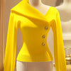 Elegant Yellow V-Neck Knit Sweater for Women - Chic Mock Neck with Button Details, Comfortable & Warm, Perfect for All Seasons