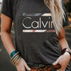 Women's Calvin-Inspired Graphic Tee – Casual Short Sleeve Crew Neck Top in Black, Soft & Stretchy Everyday Shirt