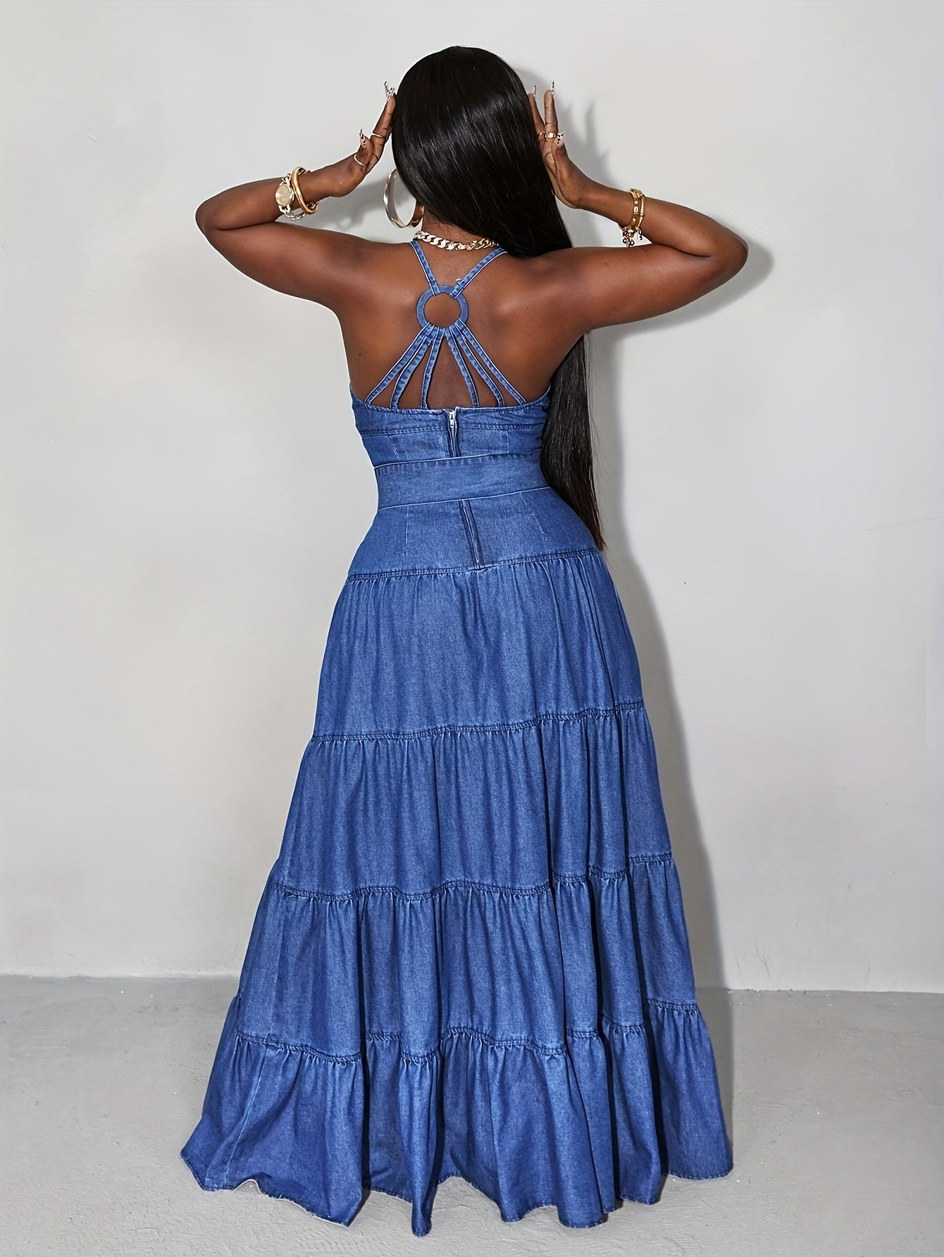 Women'S Retro Sexy V-neck Denim Slip Dress, Backless Cinched Waist, Large Hem Slit Long Skirt